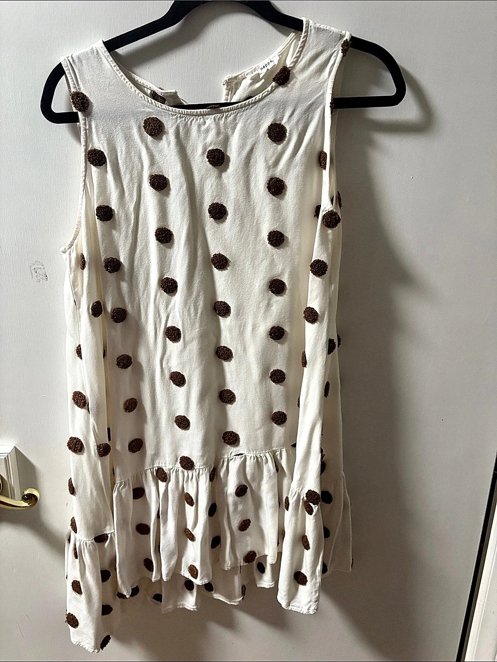 Blu Pepper White Sleeveless Drop Waist Dress with Fuzzy Brown Polka Dots - Size